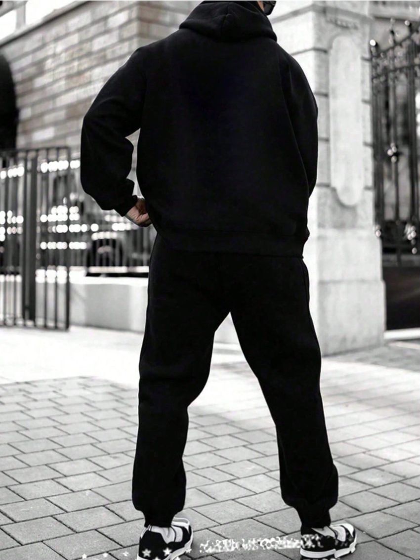 Manfinity Hypemode Men's Letter Pattern Hooded Sweatshirt And Sports Pants Set