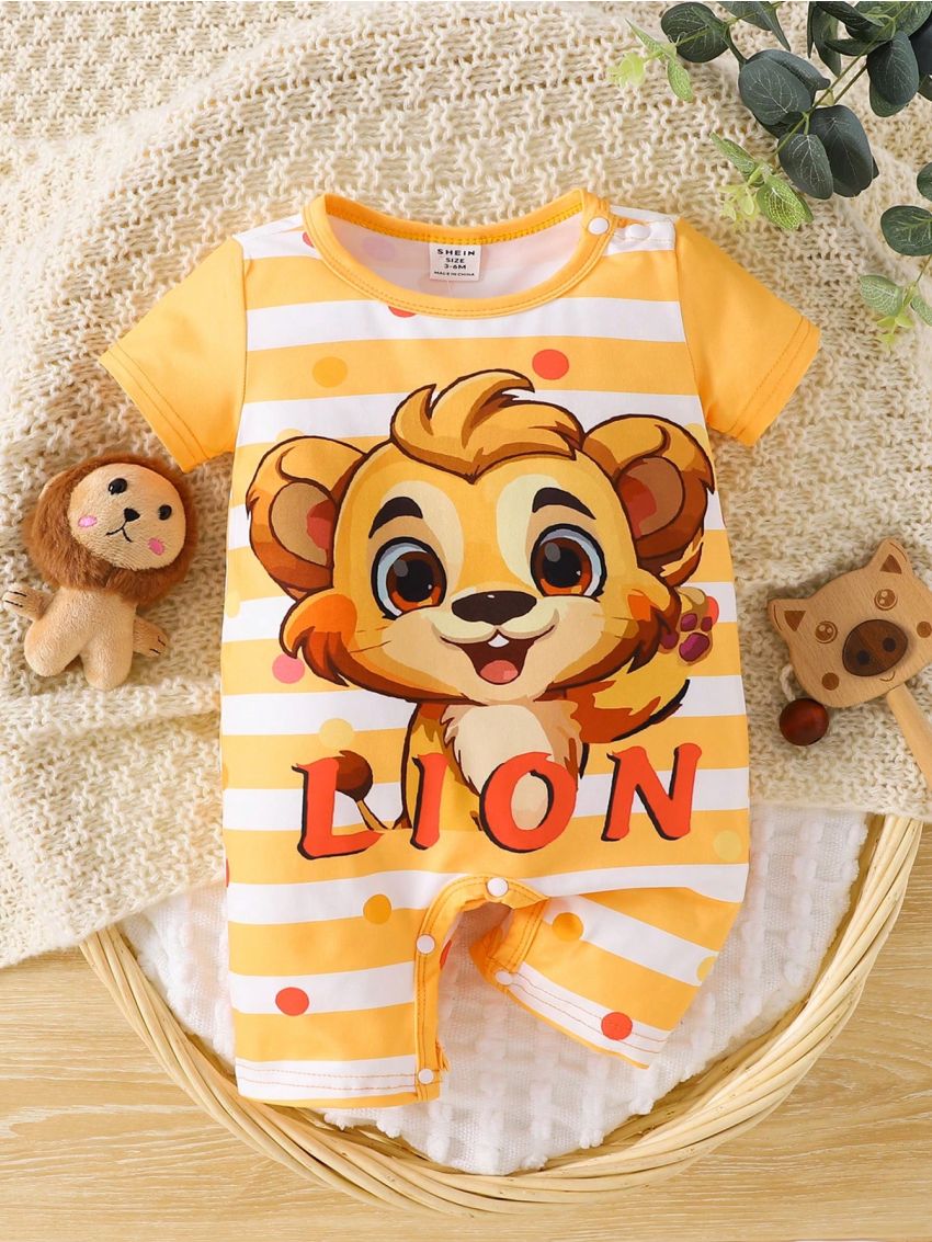 Short Sleeve Baby Boy Cute Lion And Stripes Pattern Romper With Shorts