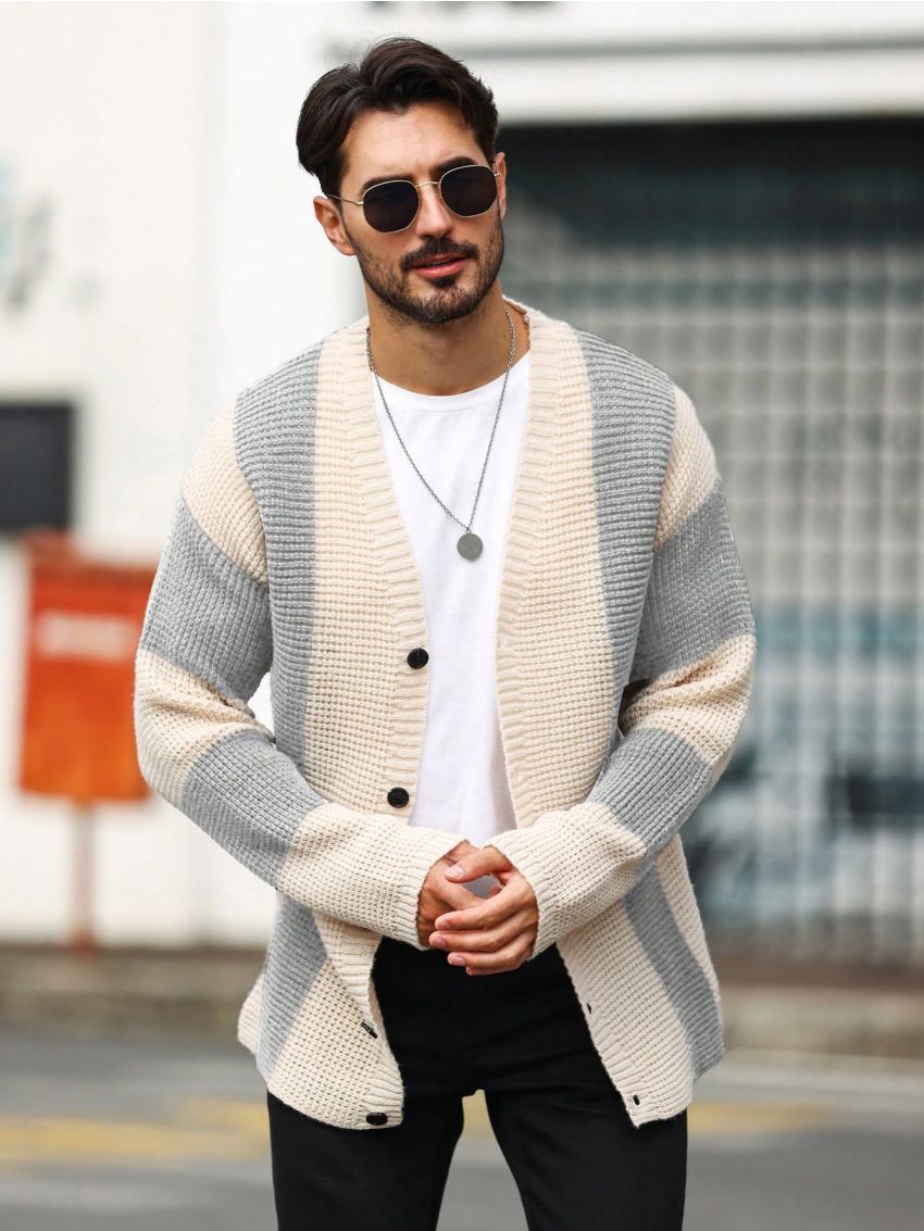 Men'S Color Block Long Sleeve Cardigan With Front Opening