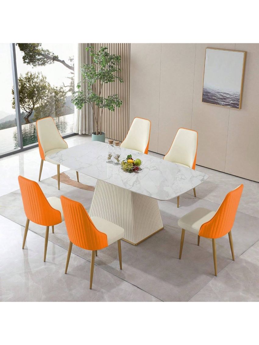 Montary 7 Piece Dining Room Set, Modern Dining Table and Chairs Set, Sintered Stone Dining Table Set for 6, White Marble Dining Table with 6 Orange Chairs for Kitchen, Dining Room