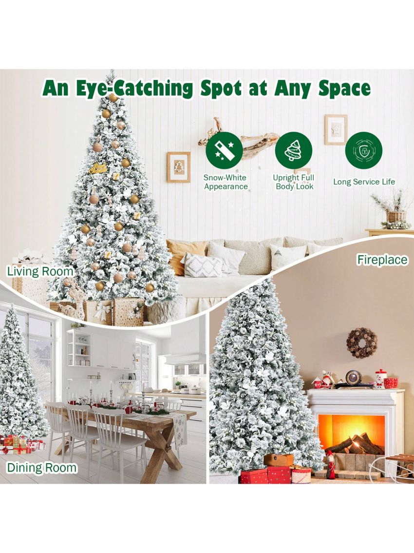 Costway 8ft Snow Flocked Hinged Christmas Tree w/ Berries & Poinsettia Flowers