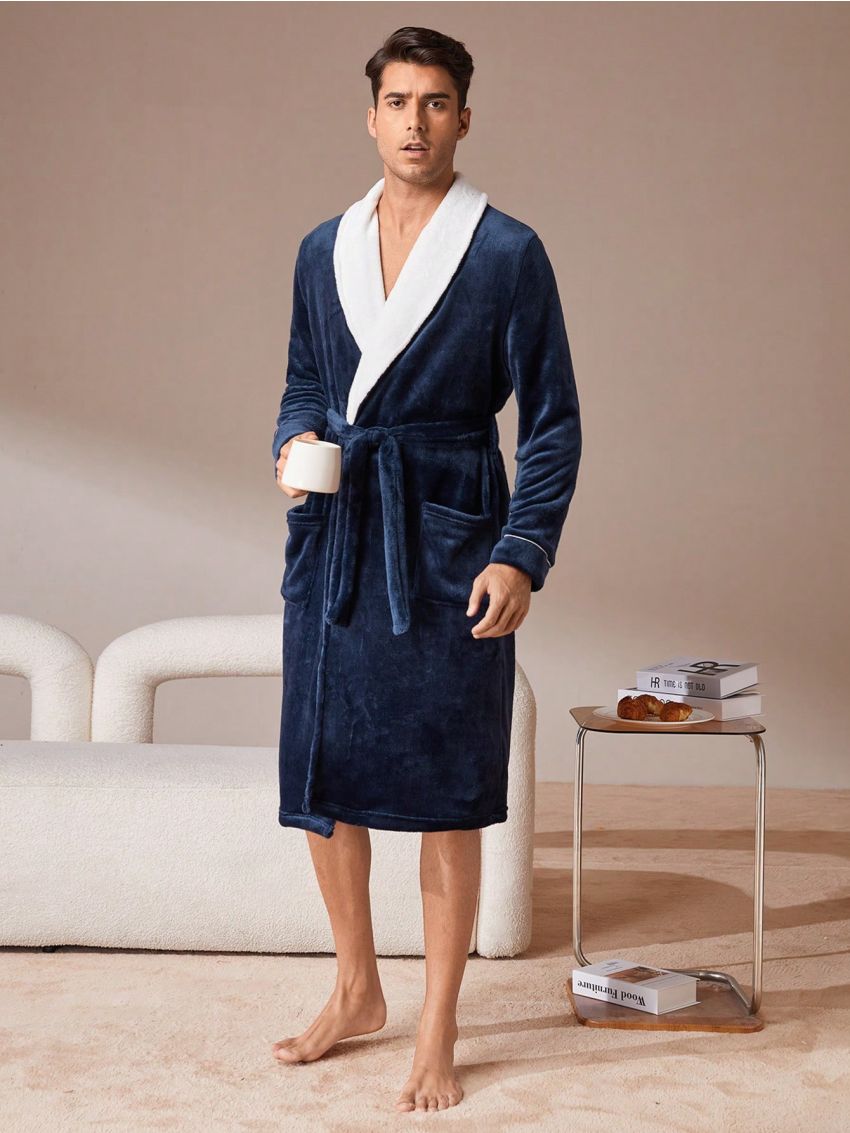 Men's Color Block Bathrobe With Shawl Collar And Waistband