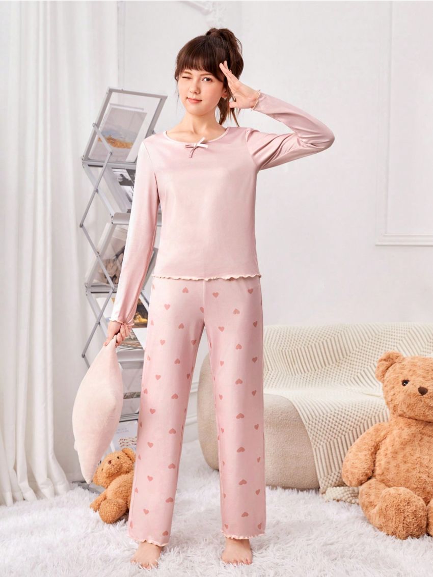 SHEIN Teen Girl Heart Print Lettuce Trim PJ Set