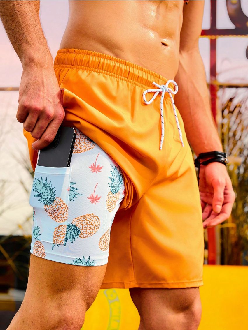 Men's Drawstring Waist Faux Two-Piece Beach Shorts