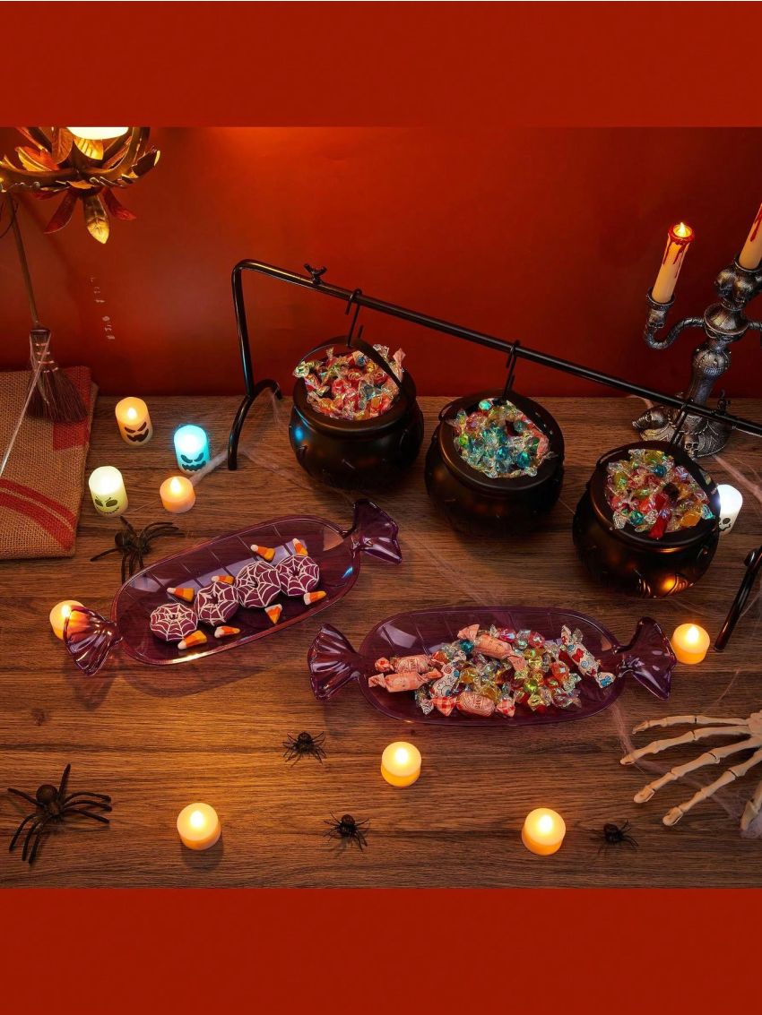 JOYIN 3 Witches Cauldron Serving Bowls, 2 Purple Candy Discs, a Black Metal Shelf with 3 Hooks, 6 PCS Halloween Party Decoration Set Black Plastic Candy Bucket Cauldron Bowls, for Halloween Outdoor and Indoor Decor