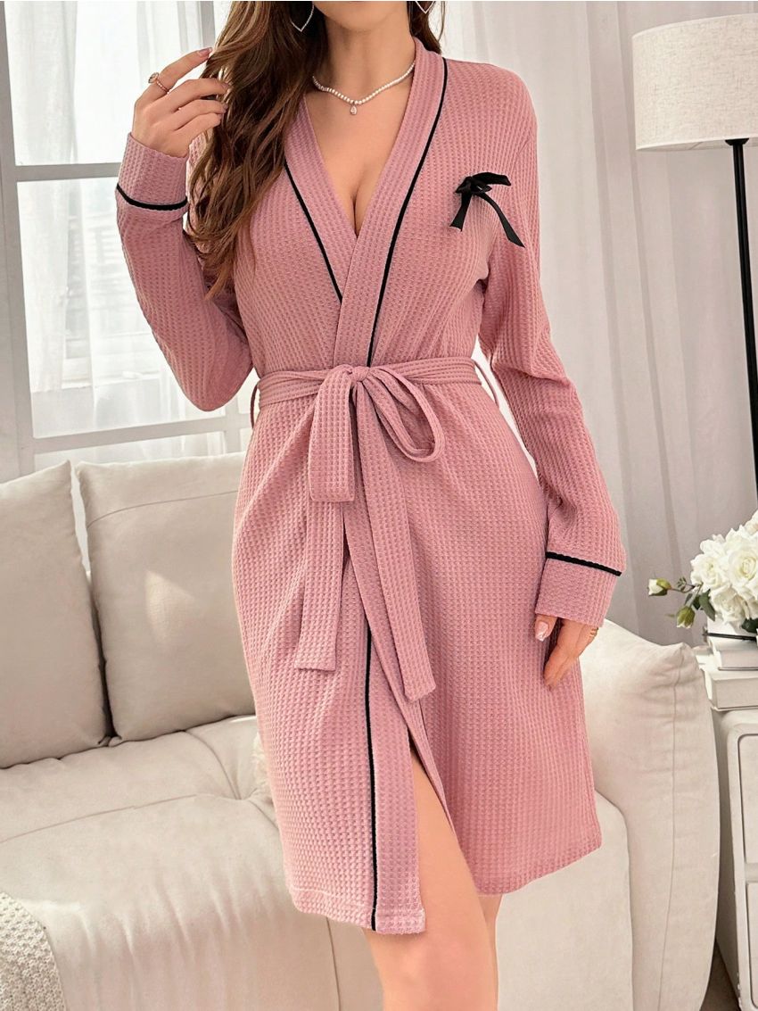 Women'S Bow Decoration Robe With Waist Belt For Homewear