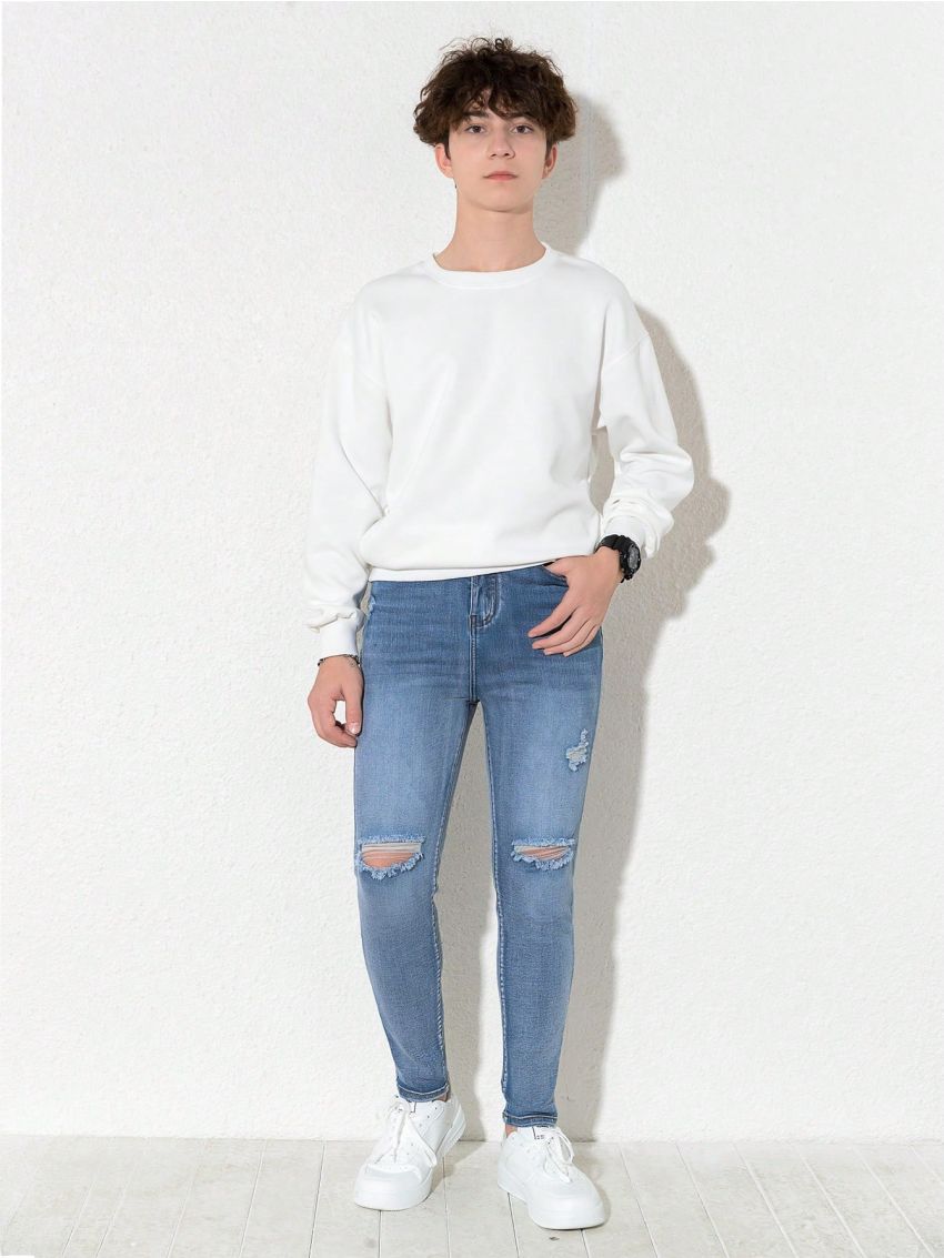 Teenage Boys' Distressed And Washed Denim Skinny Jeans