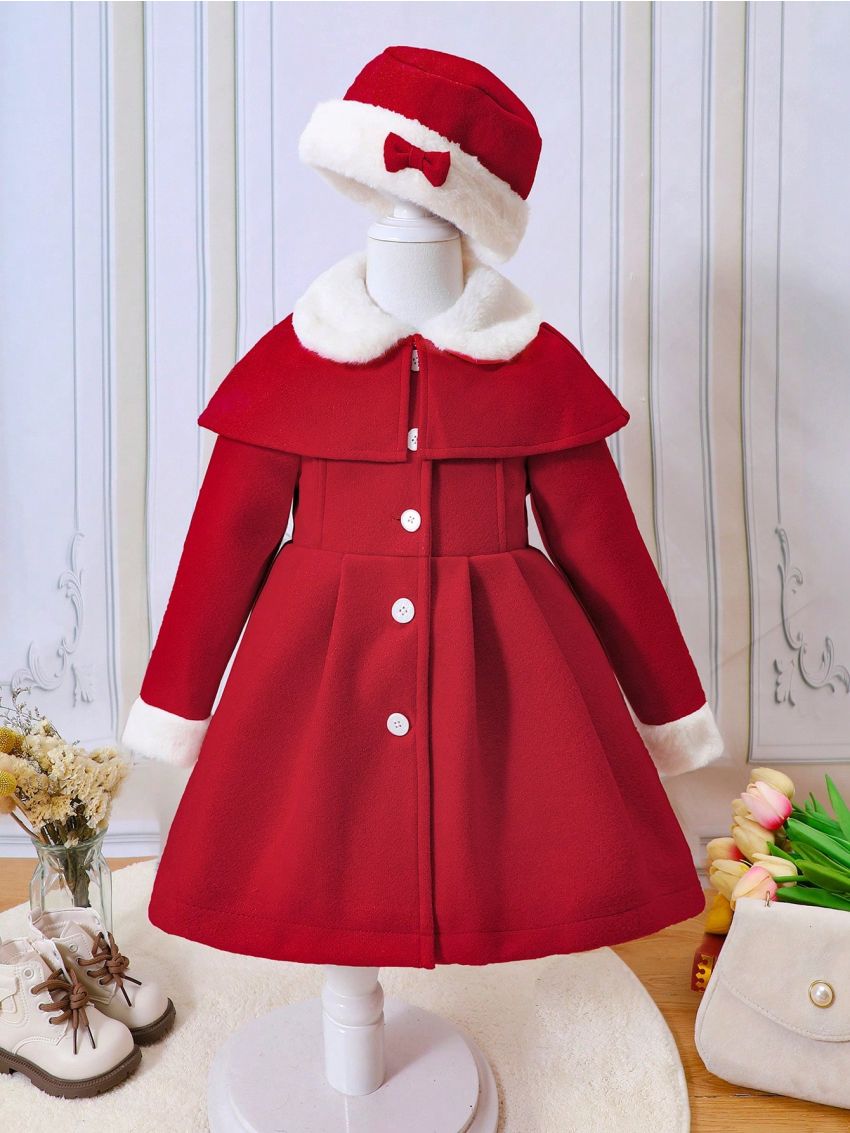 Girls' Woolen Turn-down Collar Coat With Matching Hat