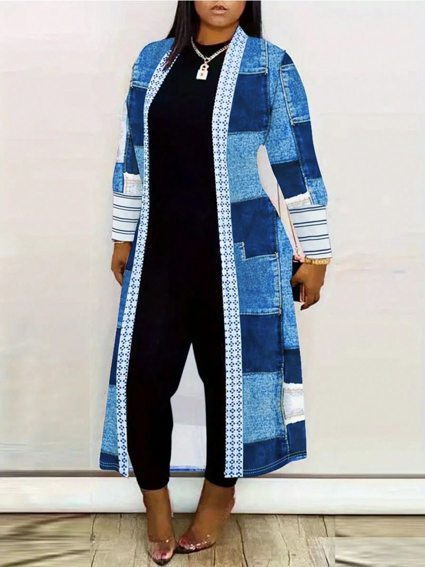 Women's Plus Size Patchwork Printed Open Front Coat