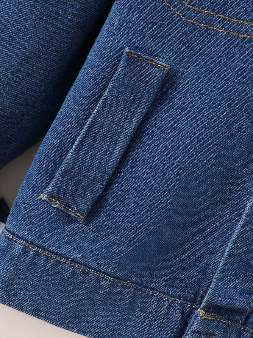 Young Boy Bear Patched Borg Collar Denim Jacket