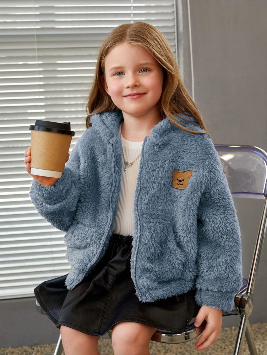 SHEIN Little Girl's Bear Patch Plush Hooded Loose Casual Jacket
