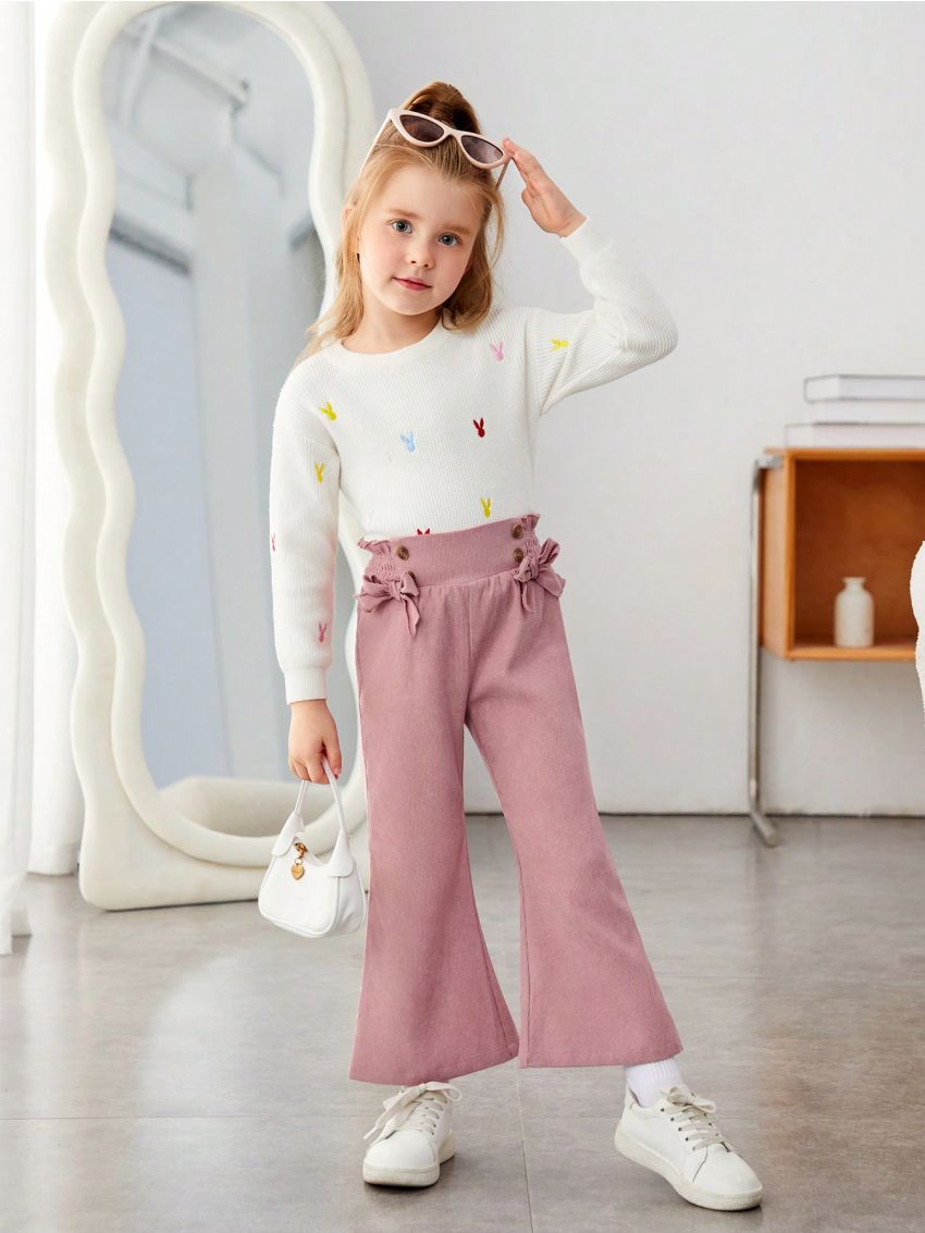 SHEIN Kids FANZEY Toddler Girls' Elegant Slim Fit Bell-bottom Corduroy Woven Pants With Frilled Hem Detail