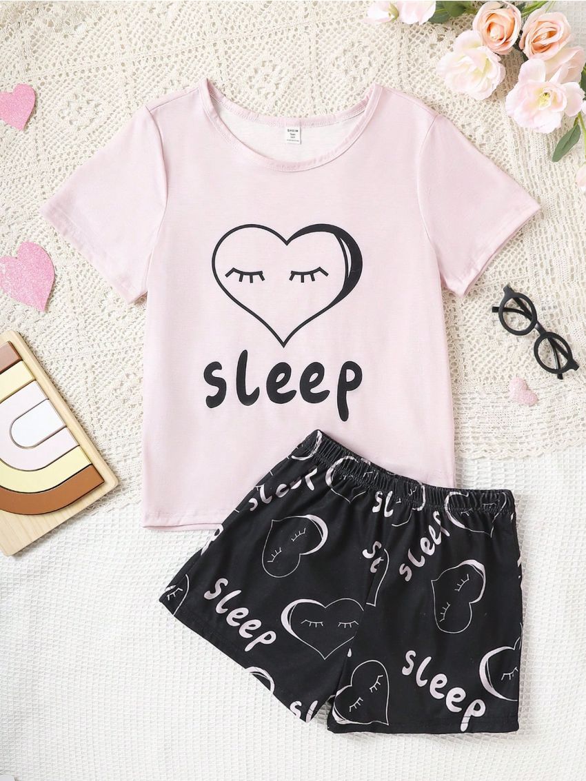 Teens' Simple Love Heart & Letter Printed Short Sleeve Top And Shorts Homewear Set For Girls