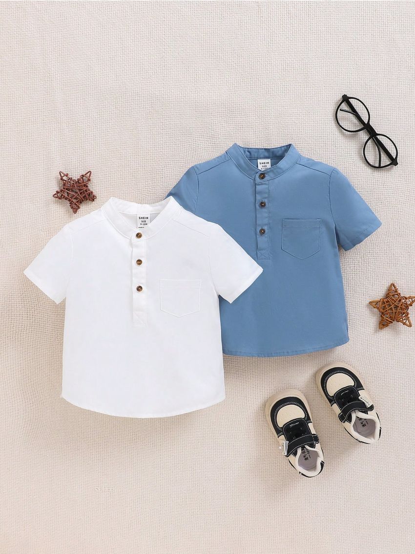 SHEIN Unisex Baby Casual Basic Solid Color Short Sleeve Stand Collar Shirt 2pcs/Set