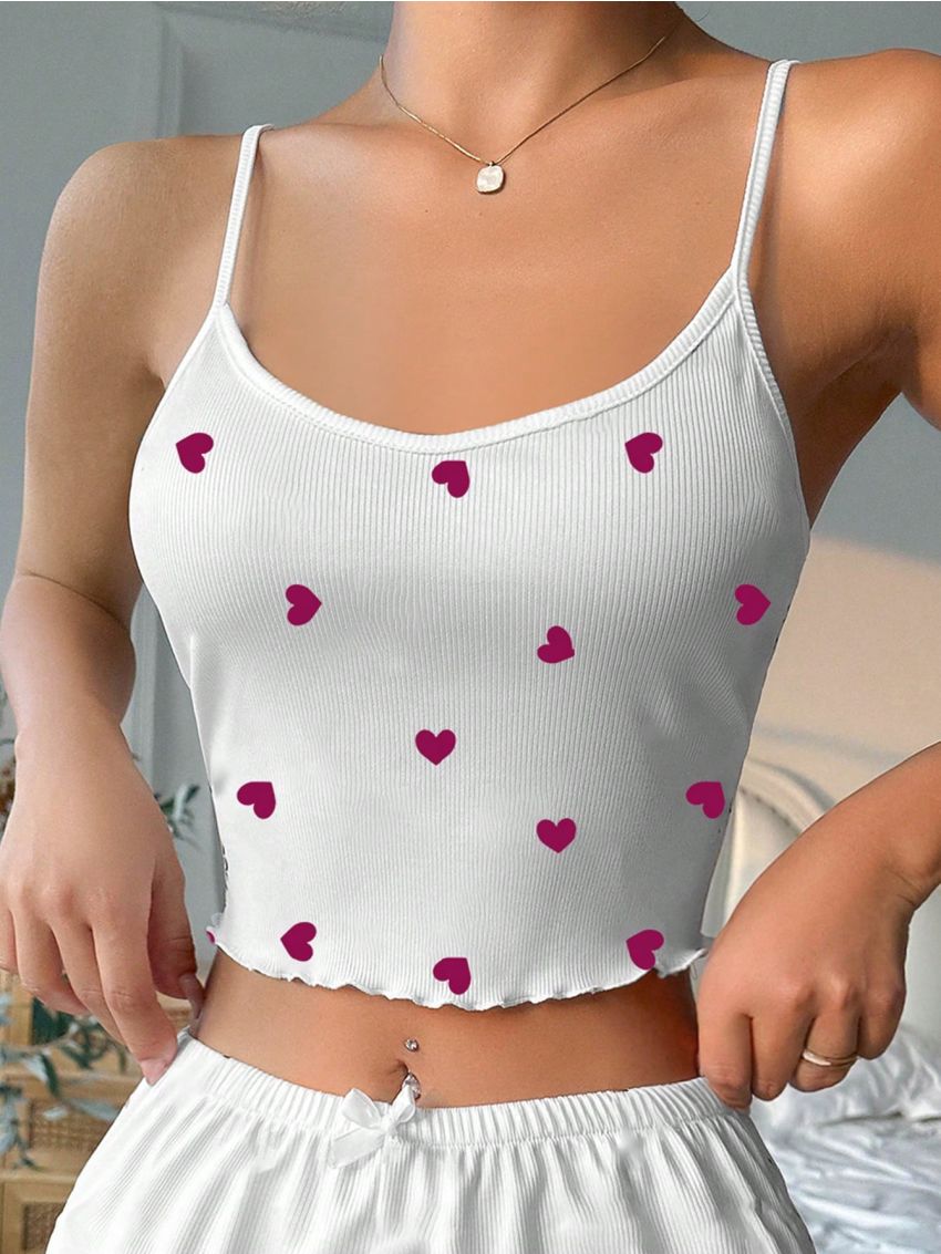 Heart Print Lettuce Trim Cami Sleep Top