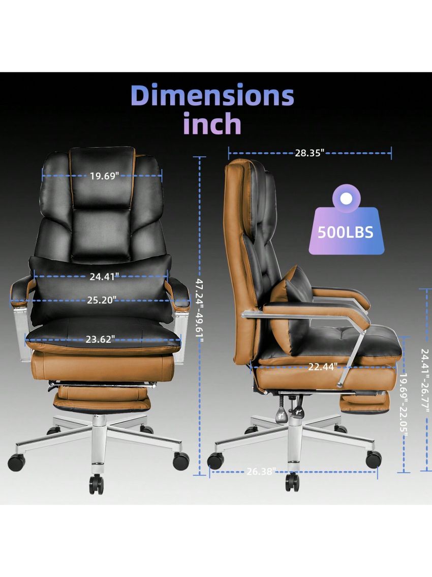 SeekFancy Reclining Office Chair with Footrest O203, Big and Tall Office Chair 500lbs Wide Seat with 170° Backrest, Black Pu Leather Managerial Desk Chair, High Back Large Executive Office Chair