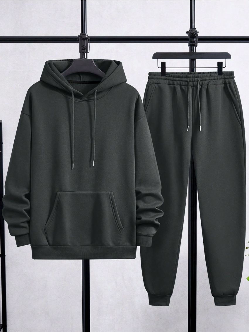 Men's Plus Size Kangaroo Pocket Thermal Lined Hooded Sweatshirt And Sweatpants Two Piece Set