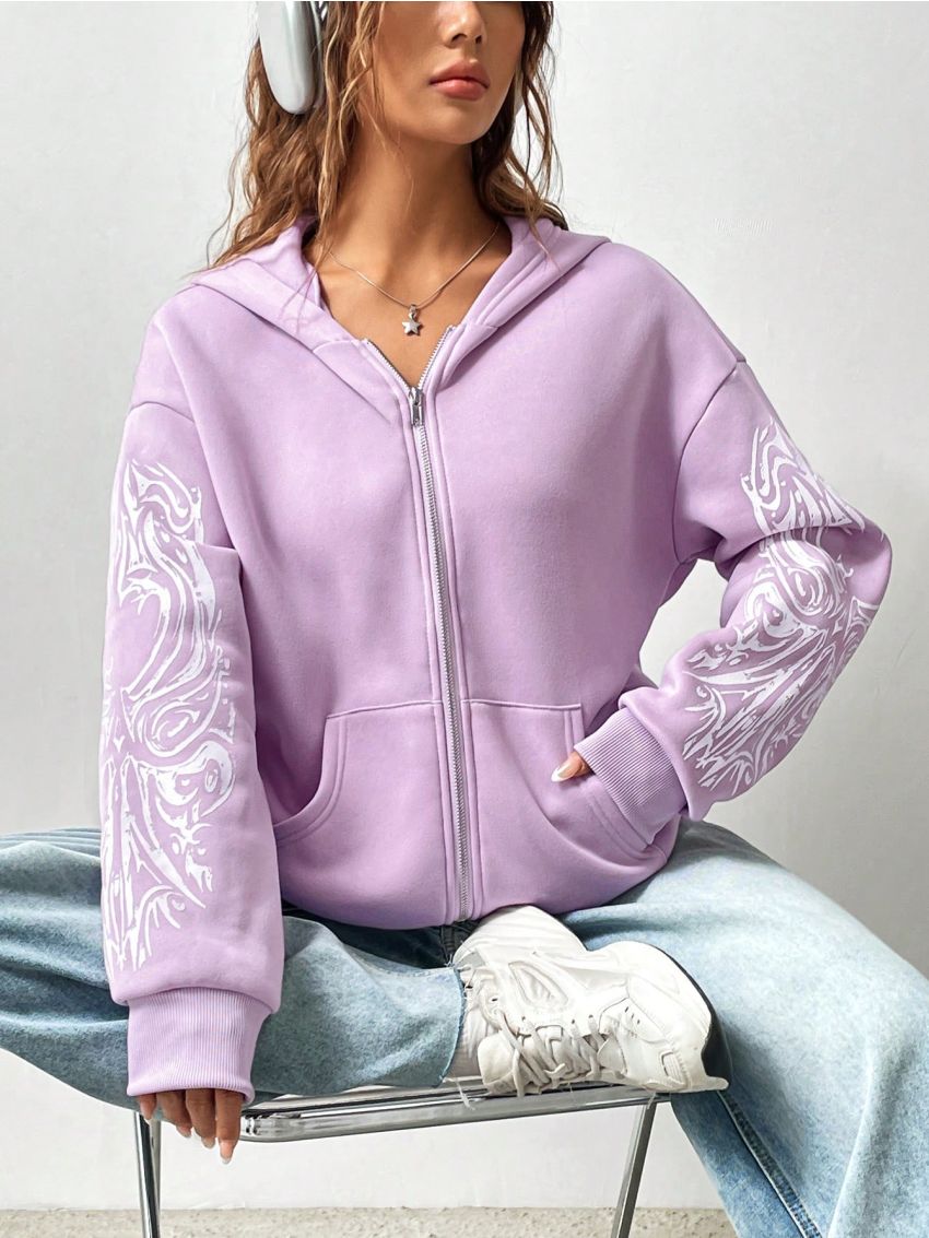 Printed Hooded Zipper Sweatshirt