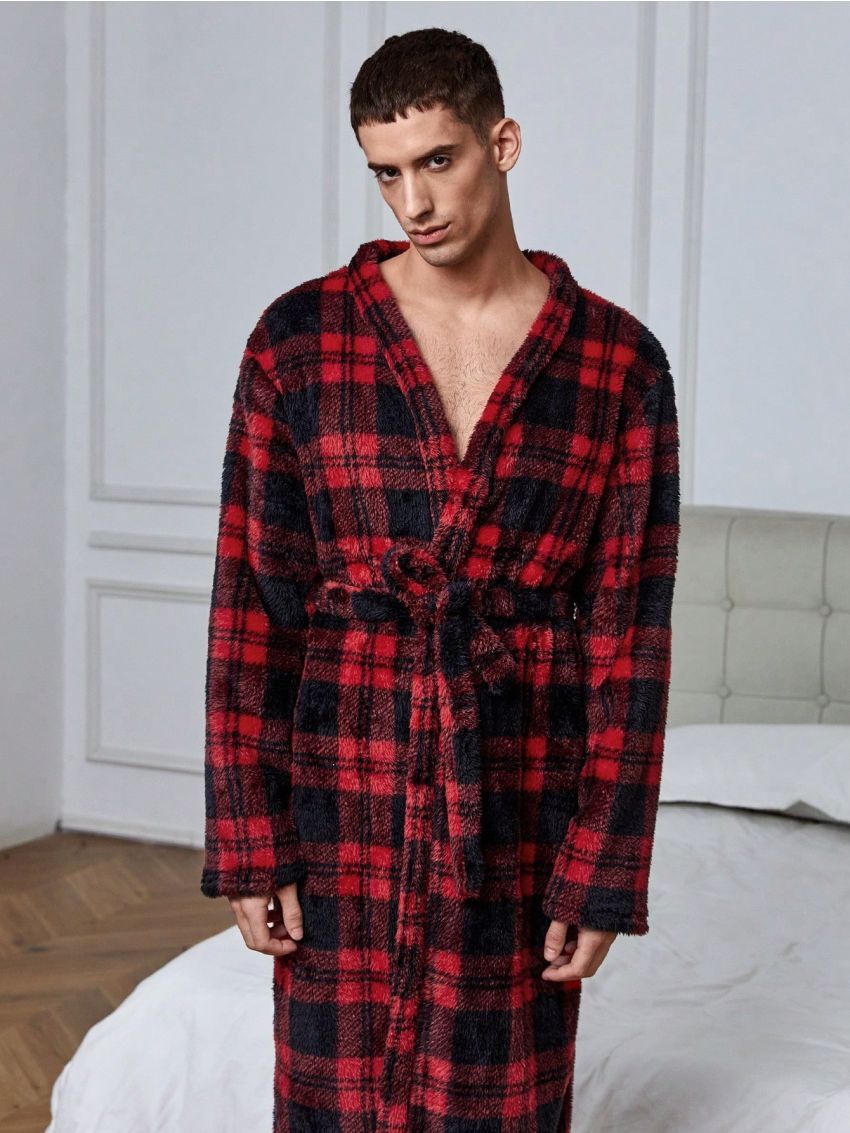 Men's Loose Plaid Flannel Bathrobe, Lounge Wear