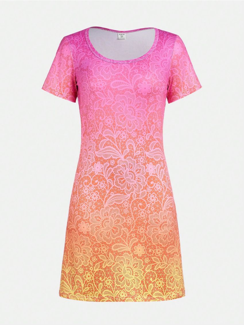 Teen Girl's Elegant Party Lace Ombre Printed Dress