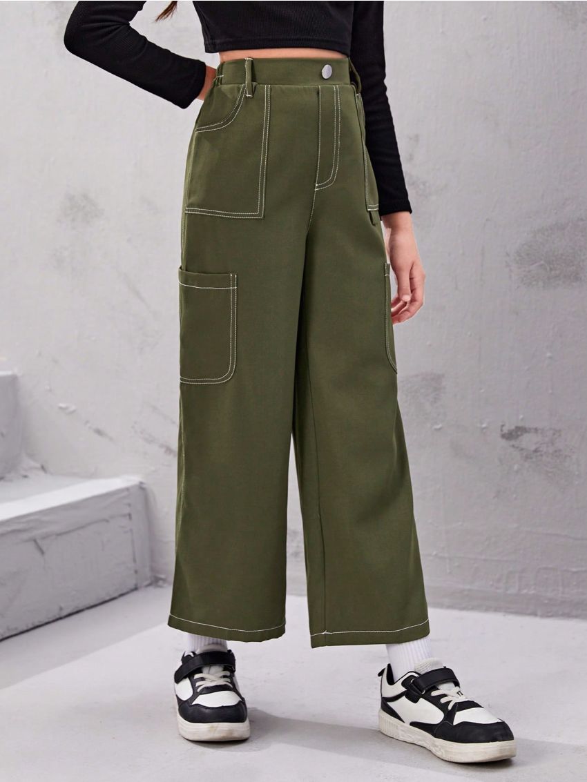 SHEIN Girls' Loose Fit Academy Style Woven Color Blocking Stripe Elastic Waist Wide Leg Pants With Multiple Pockets
