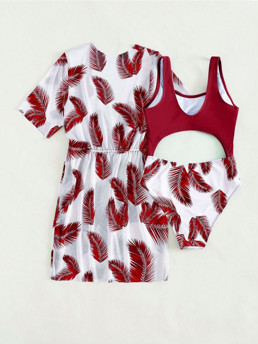 SHEIN Teen Girls' Two Piece Botanical Print One-Piece Swimsuit