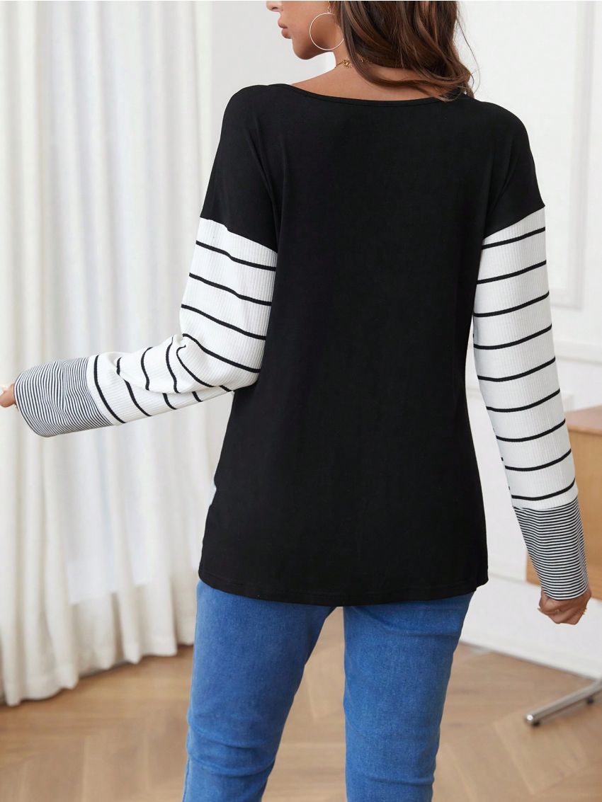 SHEIN Maternity Striped Button Placket Half-open T-shirt