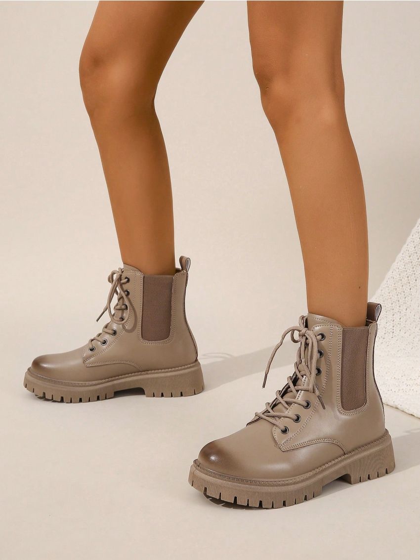 Women's Khaki Fashionable Classic Round Toe Lace-up Plus Size Boots