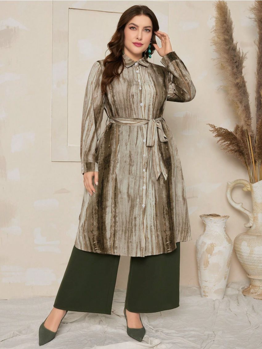 SHEIN Mulvari Plus Size Tie Dye Waist Belted Shirt And Wide Leg Pants Set
