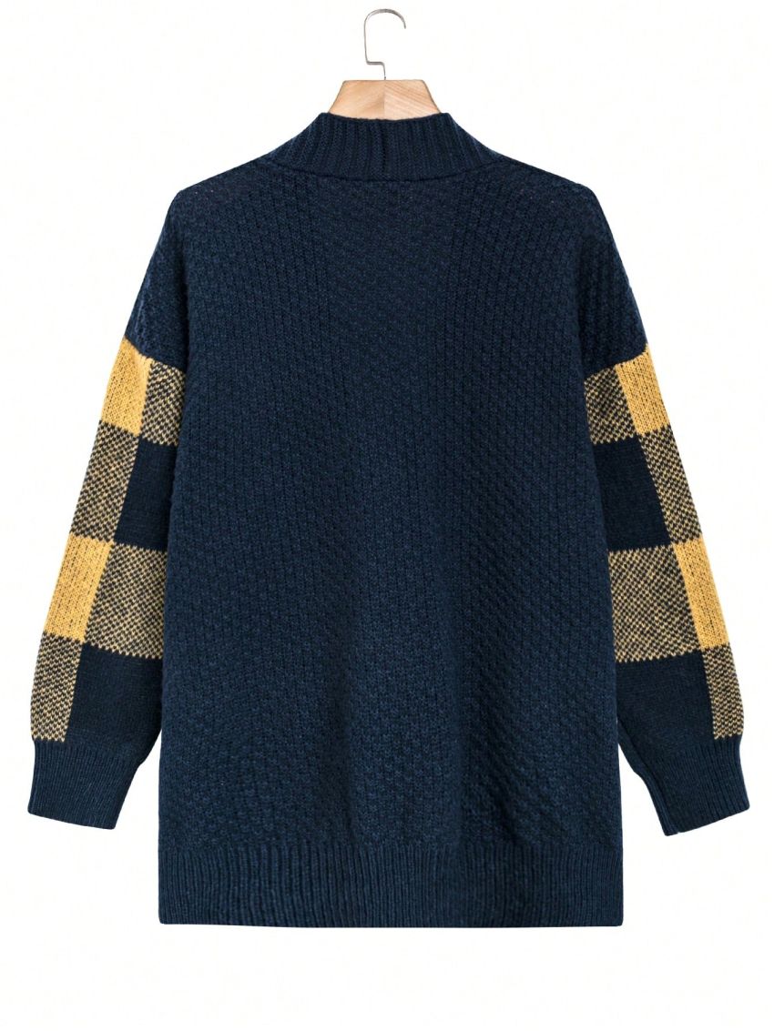 Plus Size Plaid Spliced Horn Button Cardigan Sweater