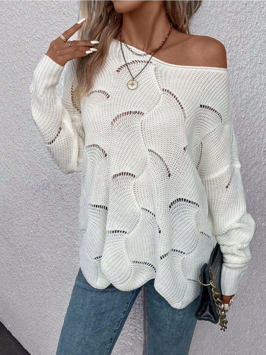 Pointelle Knit Drop Shoulder Scallop Trim Sweater