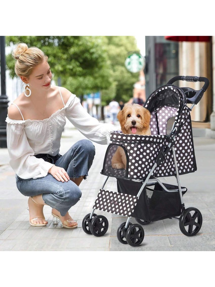 Pet Stroller for Medium Small Dogs & Cats, One-Hand Folding Portable Travel Cat Dog Stroller with Large Storage Basket and Cup Holder, 4 Wheels