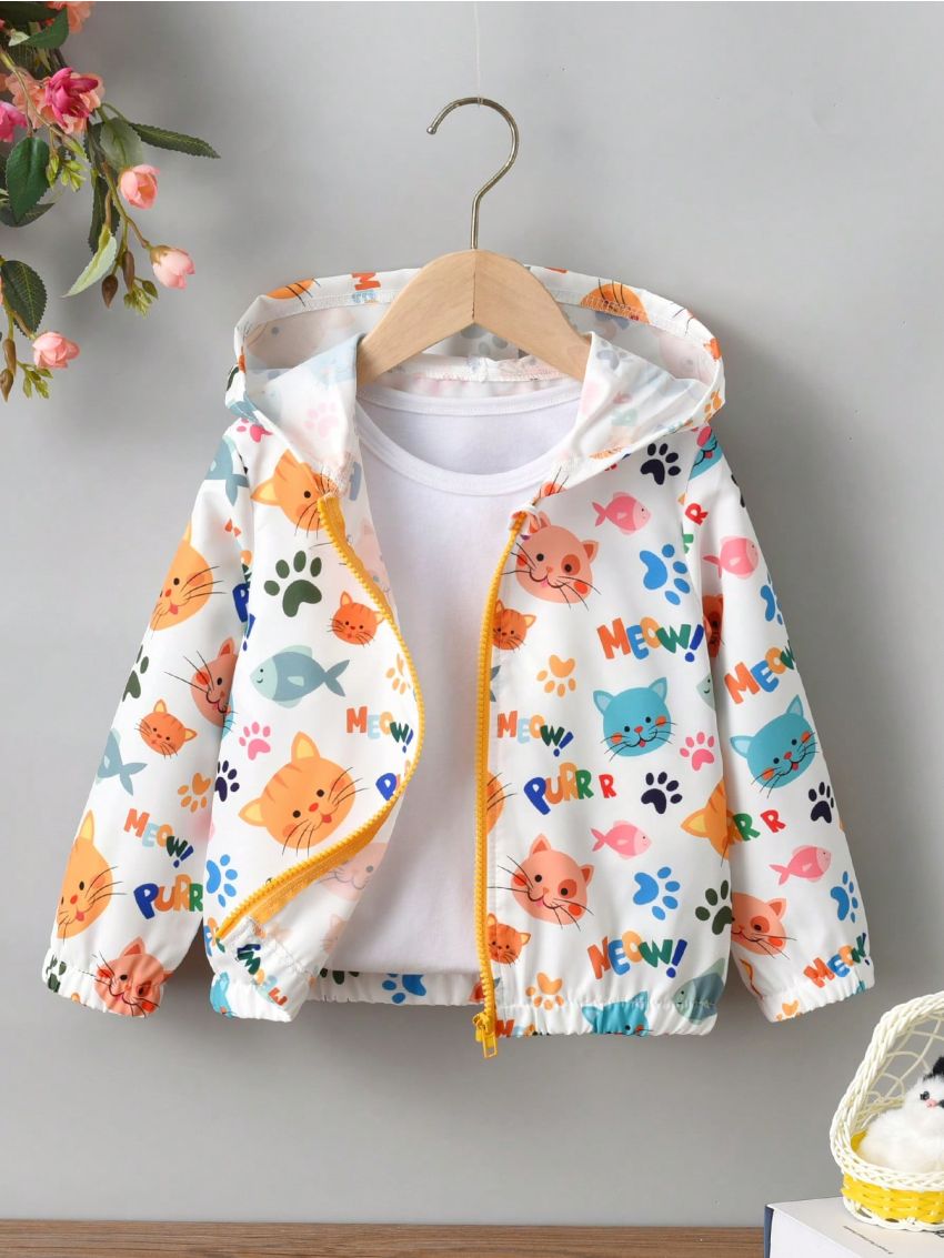 SHEIN Kids HYPEME Little Girls' Cute Cat Pattern Printed Hooded Jacket With Oversized Fit And Drop Shoulders