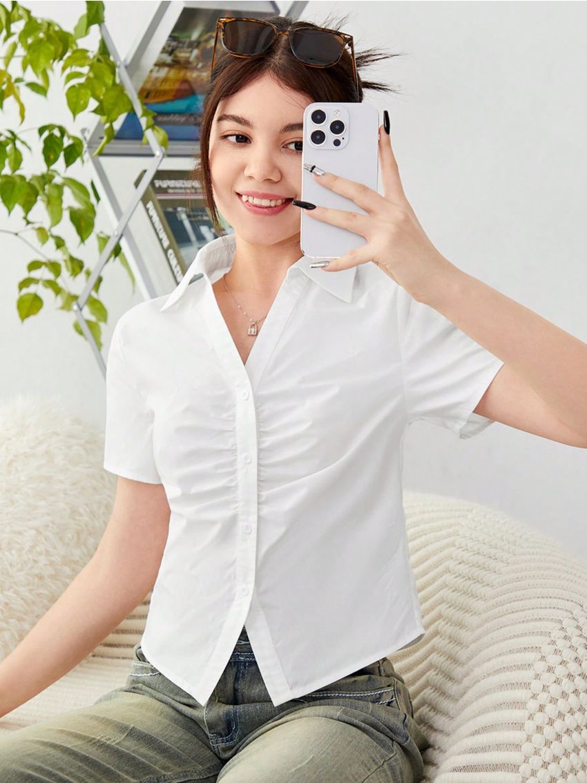 SHEIN Teen Girls' Solid Color Short Sleeve Casual Shirt With Pleated Front