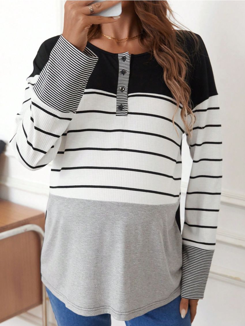 SHEIN Maternity Striped Button Placket Half-open T-shirt