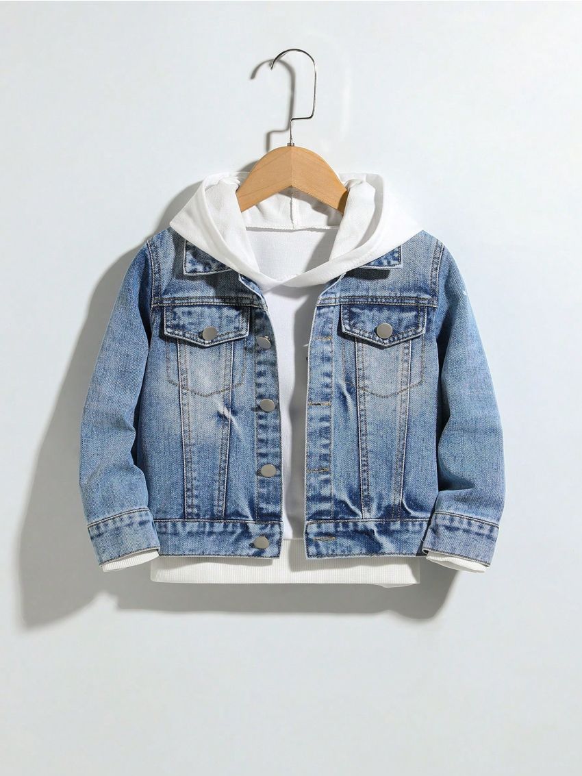 Young Boy Ripped Flap Detail Denim Jacket Without Hoodie