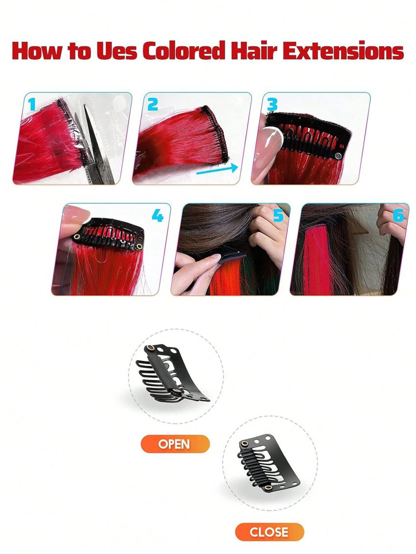 5pcs Set Red Clip In Synthetic Hair Extension Long Straight For Women Girl Kids With Cosply