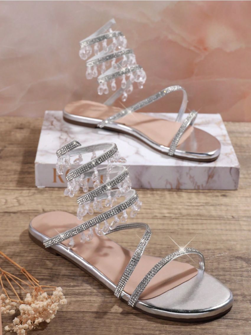 Women's Fashionable Flat Sandals With Rhinestone Decoration