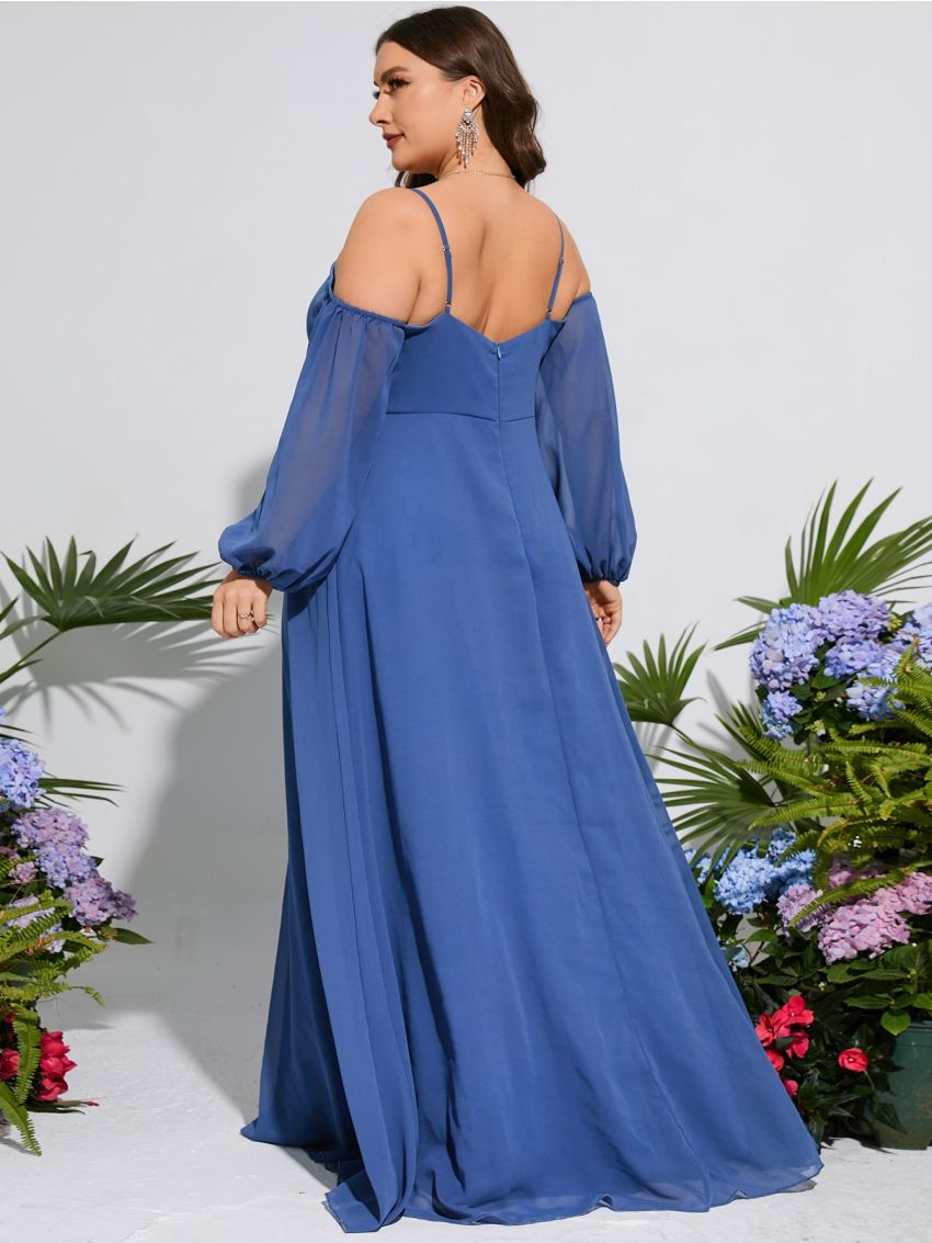 Plus Cold Shoulder Lantern Sleeve Wrap Hem Bridesmaid Dress