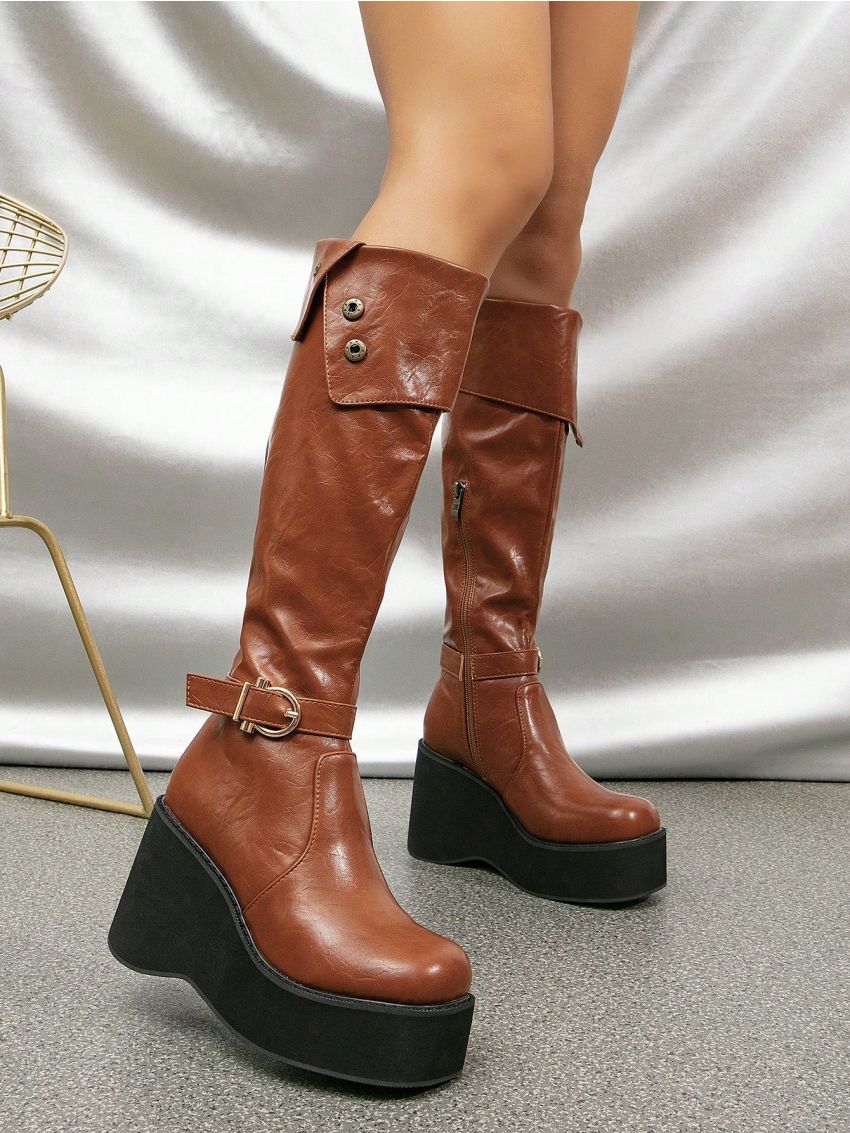 Western Cowgirl Knee High Platform Chunky Heel Riding Boots For Women