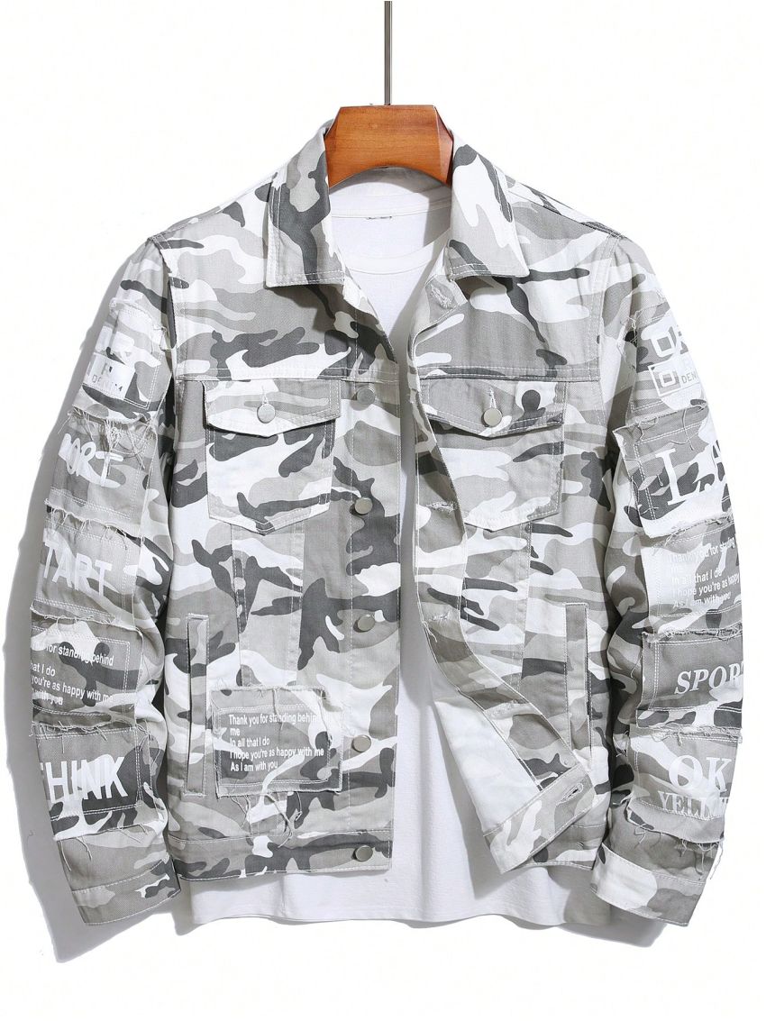 Manfinity EMRG Men's Camouflage Print Frayed Denim Jacket