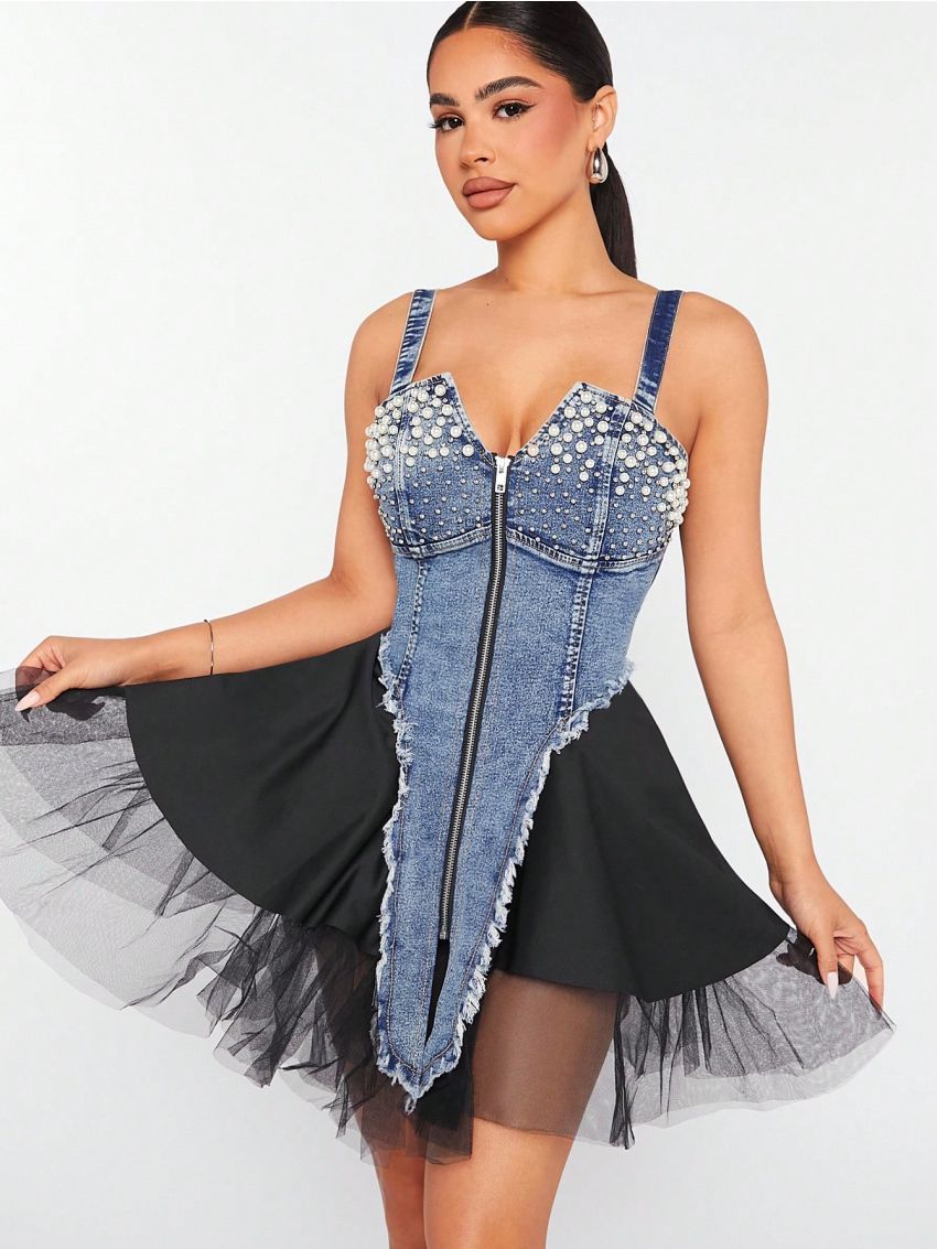 XAX Contrast Color Mesh Panel & Pearl Decorated Denim Cami Dress