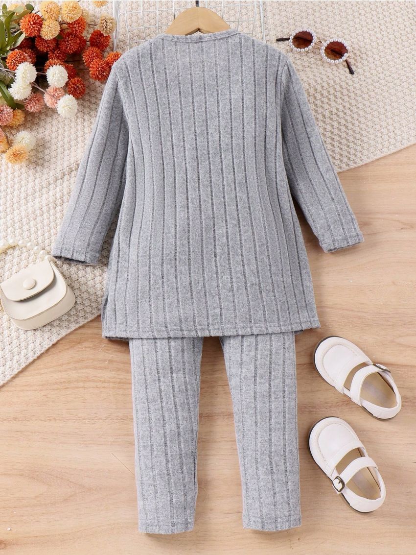 Toddler Girls' Ribbed Knit Jumpsuit With Vest And Cardigan Two Piece Set