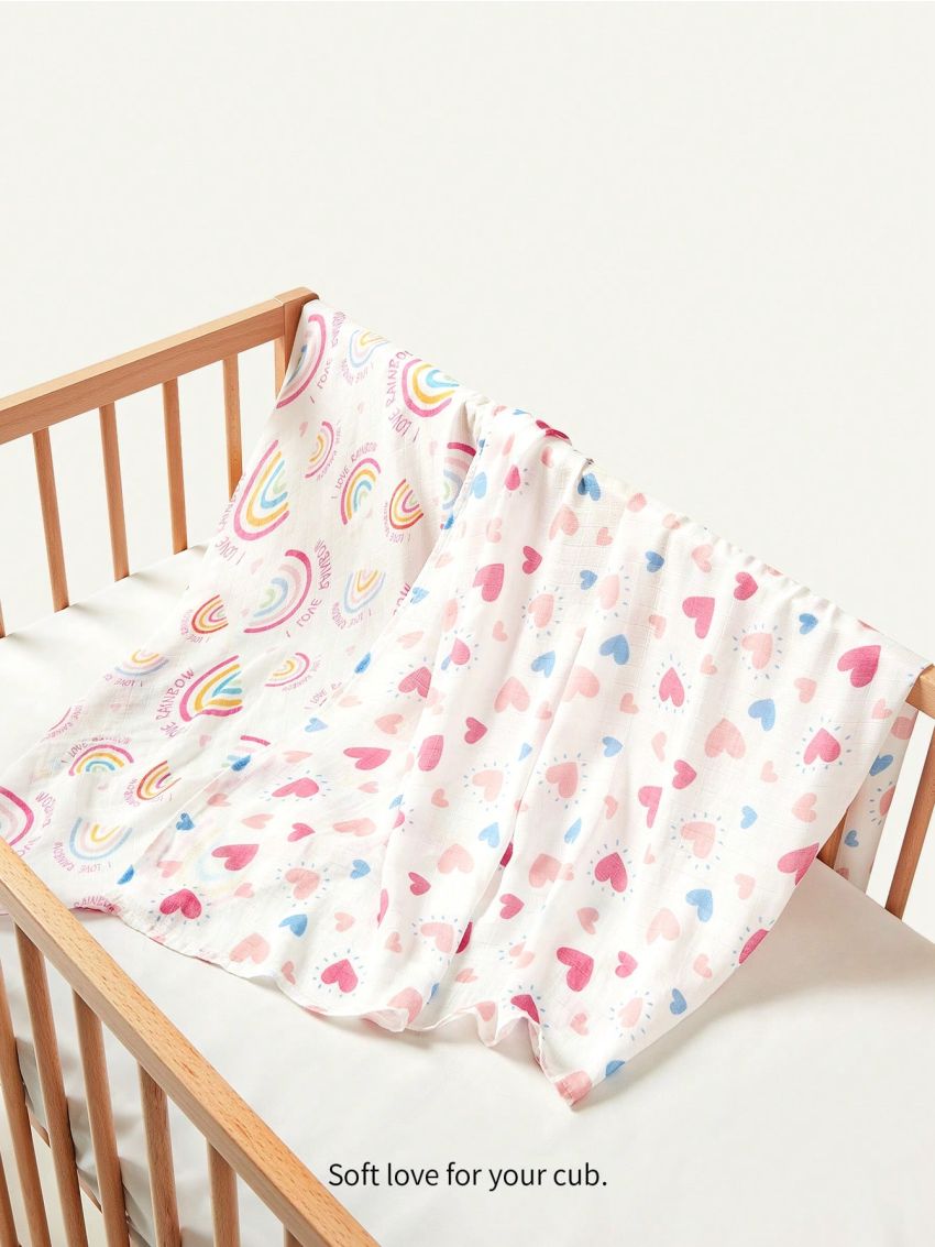 Cozy Cub 2pcs Printed Swaddling Blankets (Rainbow Love+Pink/Blue Heart)