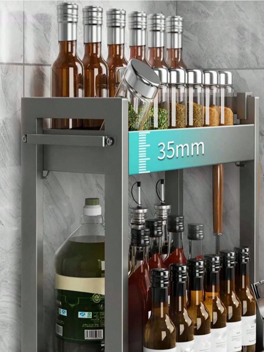 3-Tier Metal Countertop Shelves,Spice Rack Organizer for Kitchen Counter,Cupboard Shelf Rack Organizer with Cutting Board Holder & 4 Hooks,Sturdy Metal Structure