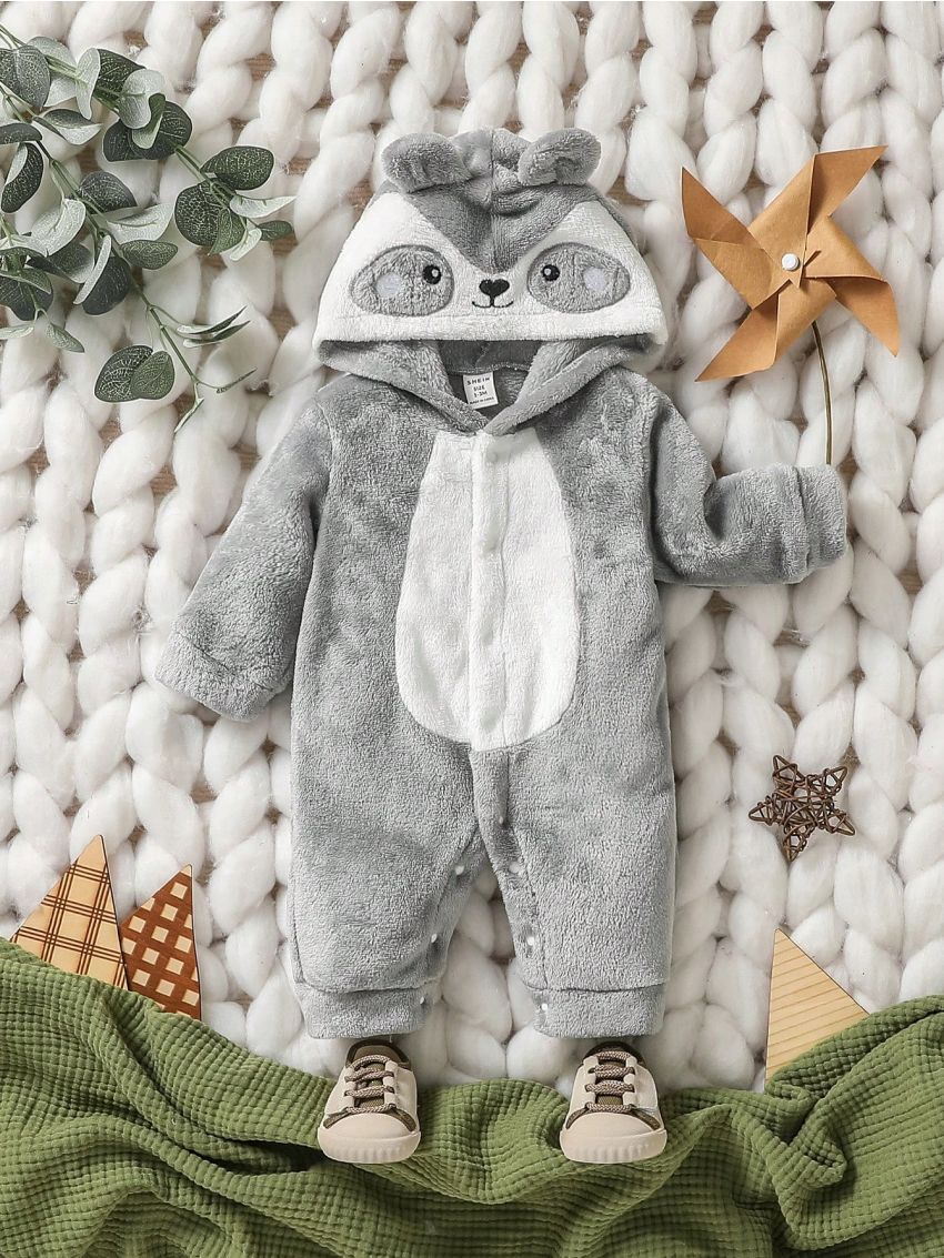 SHEIN Baby Boy's Koala Style Embroidered Hooded Flannel Jumpsuit Is Suitable For Everyday Autumn And Winter