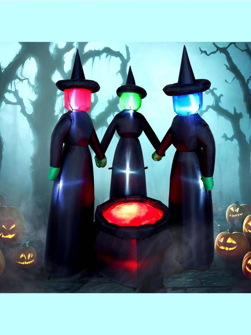 6 FT Tall Halloween Inflatable Three Witches Around Cauldron with Flame Light Inflatable Yard Decoration Blow Up Inflatables with Build-in LEDs for Halloween Party Indoor, Outdoor Decorations