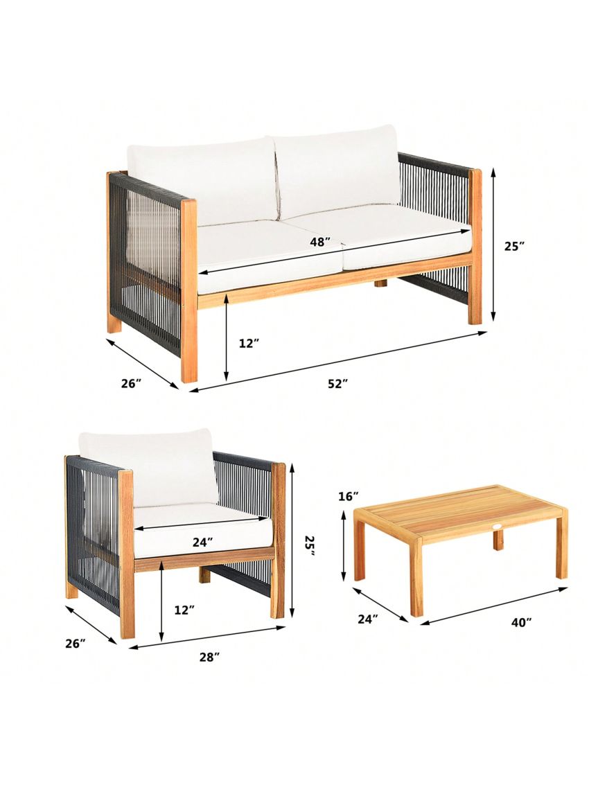 Gymax 4PCS Acacia Wood Outdoor Patio Furniture Conversation Set W/ White Cushions