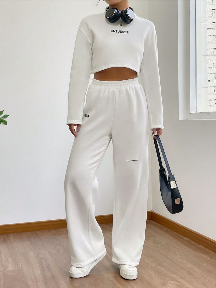 SHEIN EZwear Letter Graphic Drop Shoulder Crop Tee & Ripped Wide Leg Pants