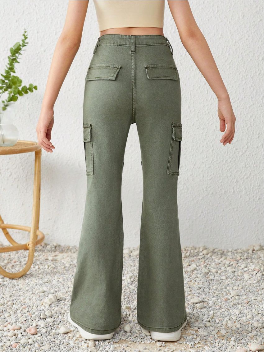 SHEIN Tween Girls Y2k Spring Summer Trendy High Waist Flap Pocket Side Flare Leg Cargo Jeans,Girls Summer Clothes Concert Outfit